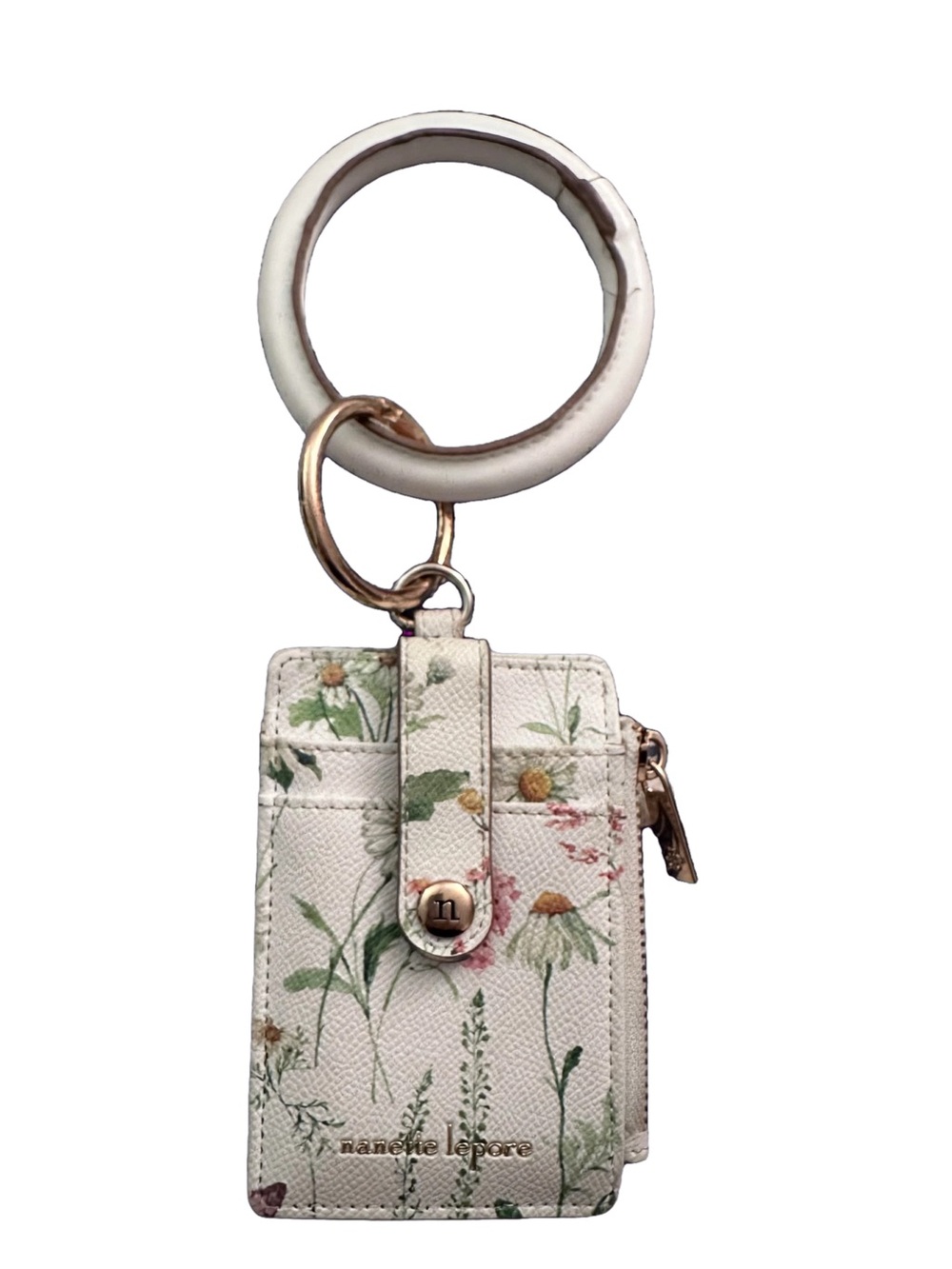 Nanette Lepore Cream Floral Cardholder Keyring with Gold Hardware